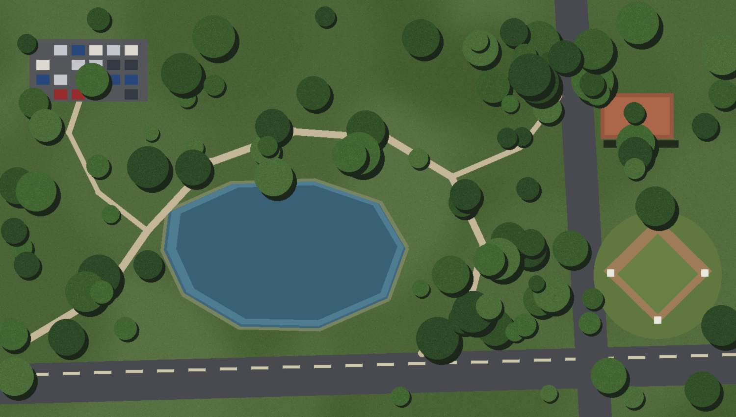 Aerial view of a public park with a pond, winding paths and a ball field